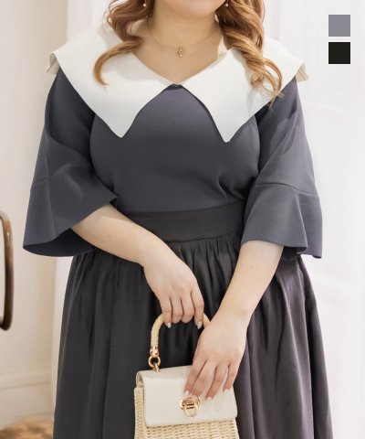 大きいサイズ レディース LL 3L 4L XL XXL XXXL CLETTEオリジナル配色襟付きフレア袖ニット