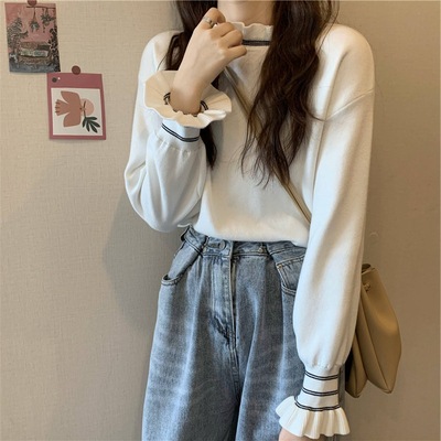 トップス カットソー ニットソー セーター フリルネック 袖あり 長袖 ホワイト ブラック XL 2XL 3XL 4XL 上品 おしゃれ 主役級 存在感 春 秋 冬 10代 20代 30代 個性的