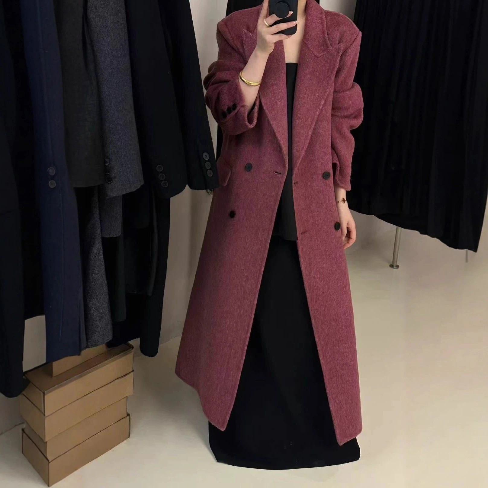 2025 オートクチュール プラムカラー 両面ウールコート エレガント ロング丈 ゆったり フィット 高級 秋冬 レディース アウター