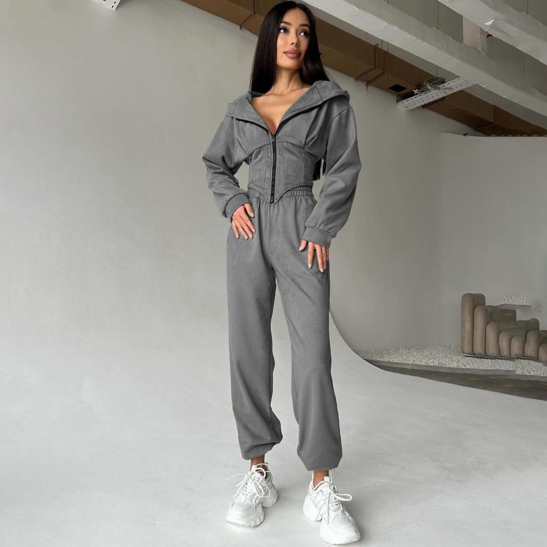 シンプルな無地秋薄手ベルト付きフード付きトレーナースーツレディース秋ツーピースゆったりカジュアルパンツ