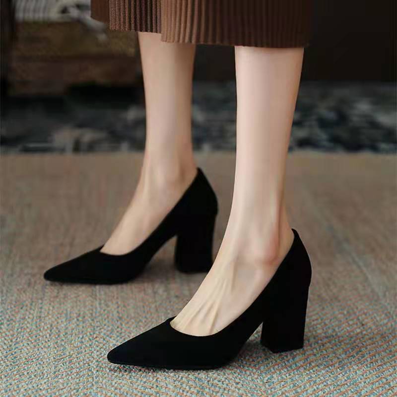 2024新入荷ヒール パンプス ローファーモカシン ローファー 仕事靴女性黒厚いヒールの美しさのつま先を指摘したキャリアはヒールの新しいハイ ヒールパンプス