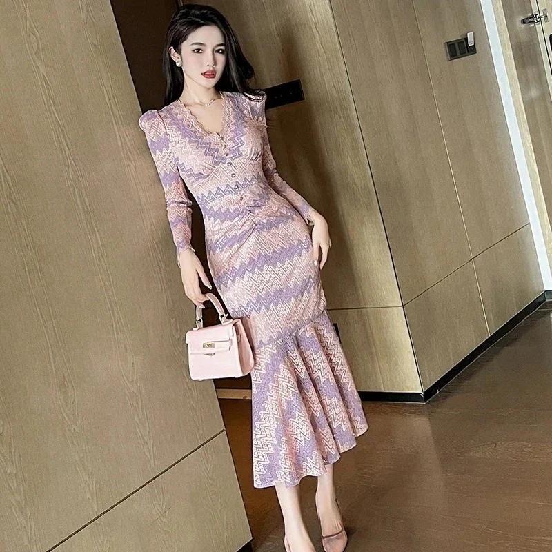 【JY.上品】 秋冬 柄 Vネック マーメイド ロングワンピース パーティードレス キャバ 着痩せ 大人 同窓会 披露宴 卒業式 結婚式 演奏会 ウェディング 二次会 発表会30%までに制限