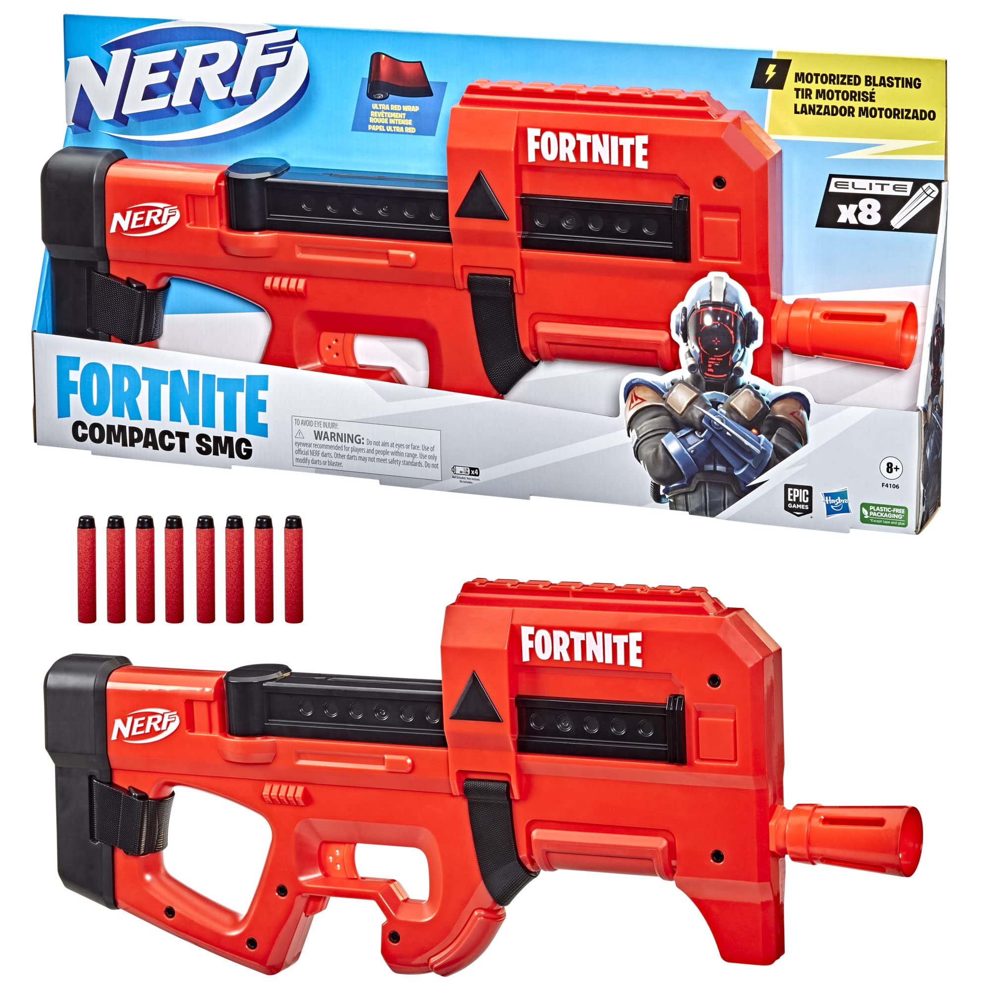 ナーフ フォートナイト コンパクト SMG 電動ダーツブラスター：ウルトラレッドラップデザイン8ダーツ内蔵クリップナーフ公式エリートダーツ 8才以上 子供の日のプレゼント
