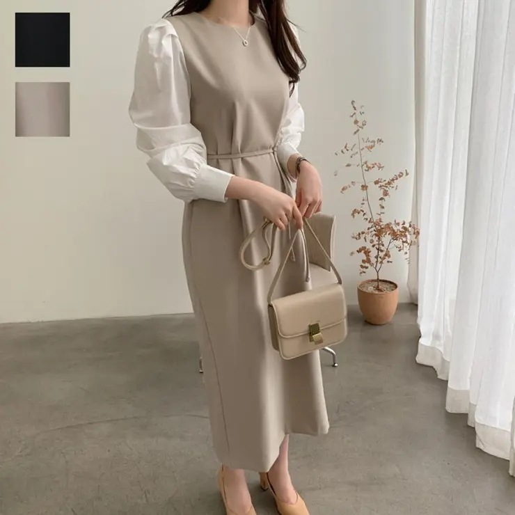 甘すぎず上品な大人フェミニンワンピース ロング丈 おしゃれ 上品 華奢 華やか リボン ベルト ハイウエスト 美ライン 軽やか 春 レイヤード シンプル キレイめスタイル エレガント 韓国ファッション