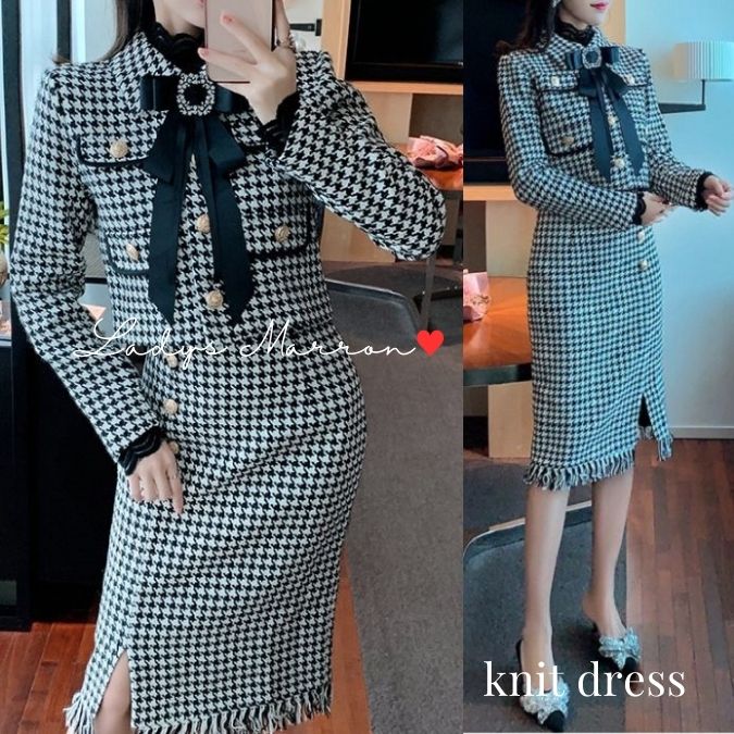 【即納】セットアップ 韓国 ジャケット 七五三 同窓会ドレス 同窓会ワンピース 千鳥格子 卒業式 入学式 卒園式 入園式 成人式 セレモニーワンピース 春 秋 冬 長袖 レディース ツーピース ロング