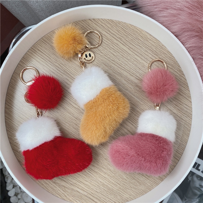 新しいクリスマスソックス絶妙なギフトファーボールキーチェーン多用途のミンクファーペンダント
