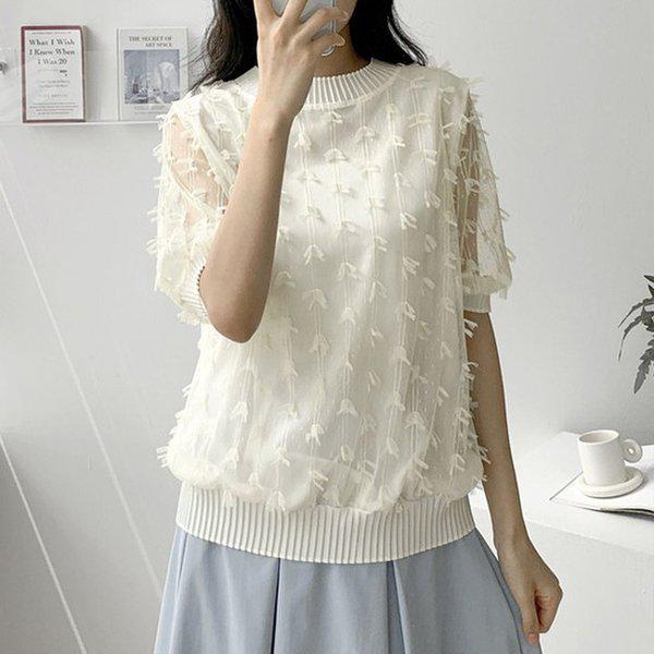 Hスタイル(BL)ドットリボンプリーツしわブラウス 春夏 半袖ブラウス ブラウス シャツ BL 結婚式のゲストルック