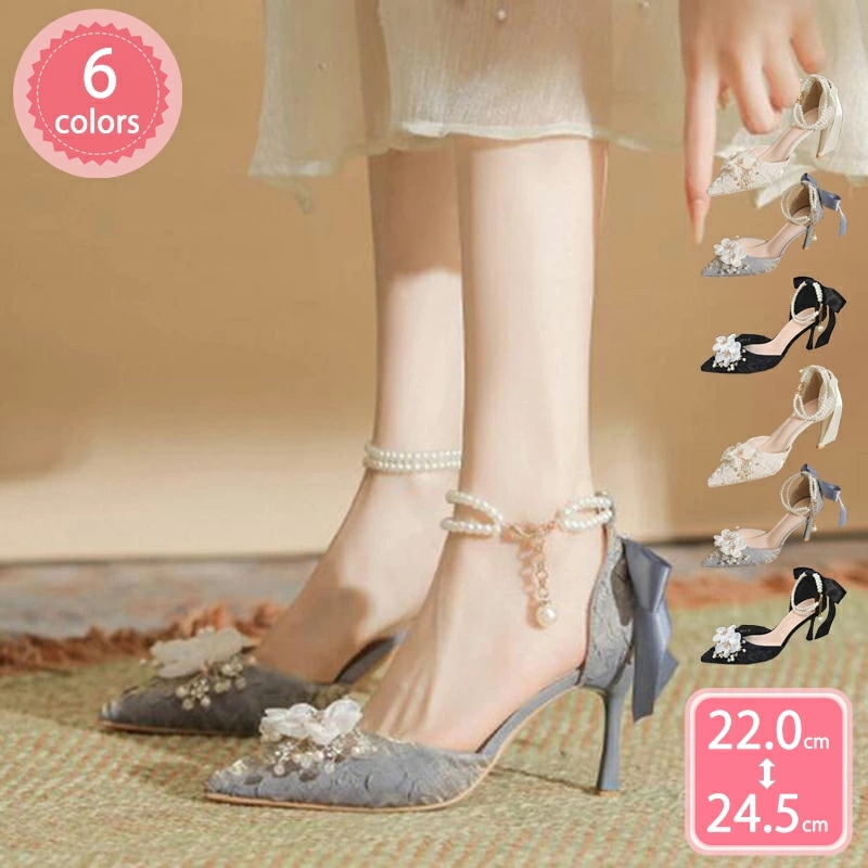 1000円OFFクーポン ホワイト薔薇 パンプス パールアンクル 花嫁系 ポインテッドトゥ レース ピンヒール リボン フラワー ハイヒール レディース エレガント デート ロリータ 四季通用 茶話会