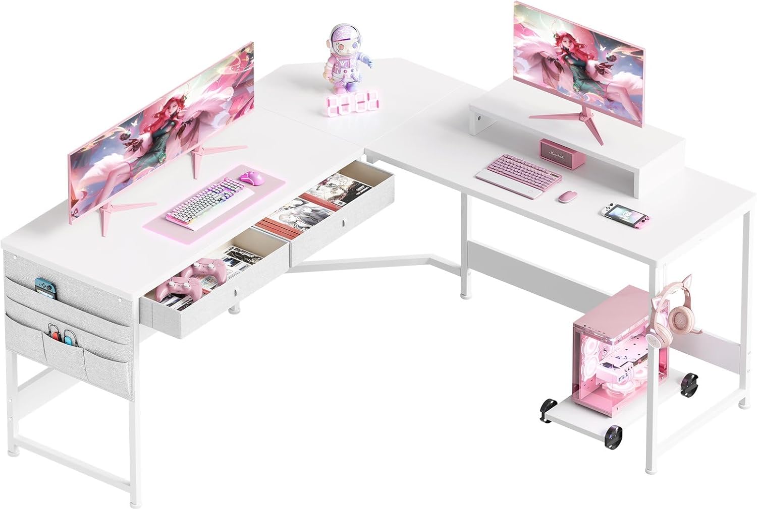 l字デスク 机 125cm x 125cm パソコンデスク つくえ ゲーミングデスク コーナーデスク サイド収納袋付き pcデスク ワークオフィスデスク 勉強机 在宅勤務 学習机 白い