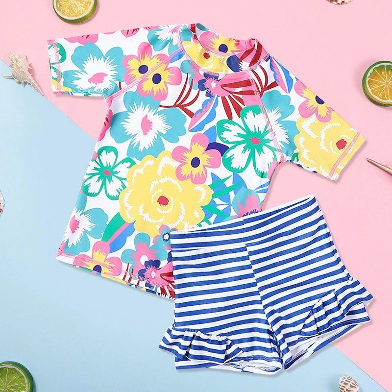 [輸送費無料][七月の新柄]子供水着　女の子 水着 セパレート 花柄　ショットパンツ　ボーダー柄　ガールズ　スクール水着 　子供用 水着 可愛い 水着　半袖　みずぎ おしゃれ ビキニ セ2025子供水