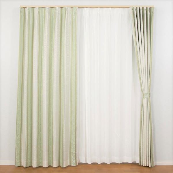 遮光 カーテン 約幅100cm×長さ190cm×2枚セット グリーン 3級遮光 花柄ストライプ 洗える 裏地付き 形状記憶 遮光カーテン