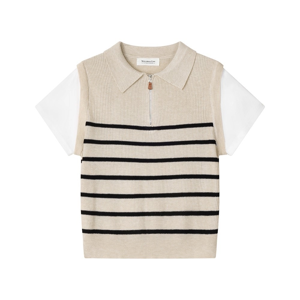 レディース トップス 重ね着風 フェイクレイヤード レイヤード風 ニットベスト ベスト ドッキング 半袖 襟付き ファスナー ジッパー ジップアップ ニット かわいい 大人可愛い カジュアル おしゃれ