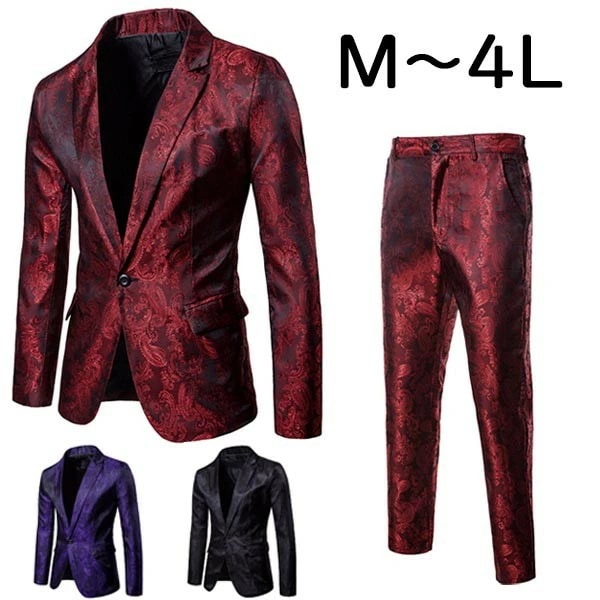 人気SALE メンズ スーツ 舞台 ステージ 総柄 男性 演出 司会者 撮影 学園祭 文化祭 イベント カラオケ ハロウィン かっこいい 赤 ワインレッド 黒 紫色 M L 2L 3L 4L ei13