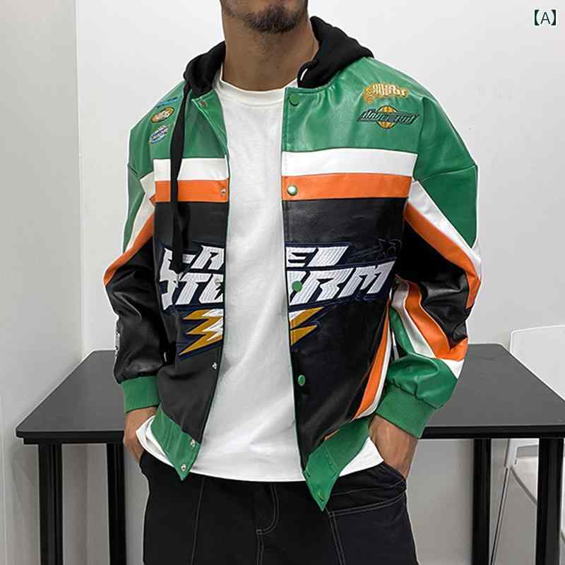 メンズ 質感 レザー モーター サイクル フード ジャケット レザージャケット レーシングスーツ 秋冬