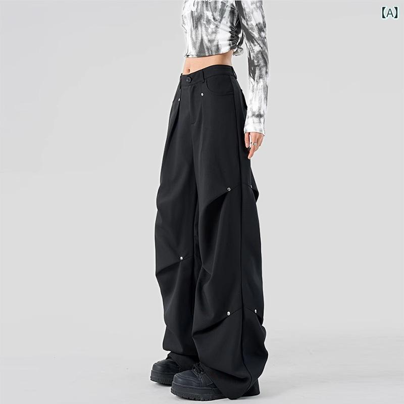 カーゴパンツ　メンズ　レディース レディース ブラック スタッズ オーバー オール 2025 春夏 クールスタイル ハイウエスト ワイド レッグ ストレート カジュアル アメリカン スポーツ パンツ