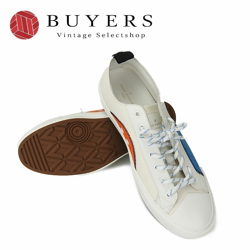 中古 ルイヴィトン スニーカー ローカット モノグラム タトゥーライン LOUIS VUITTON 7 1/2 キャンバス レザー ホワイト ブルー オレンジ メンズ 男性 靴 sneakers mo 45,396円