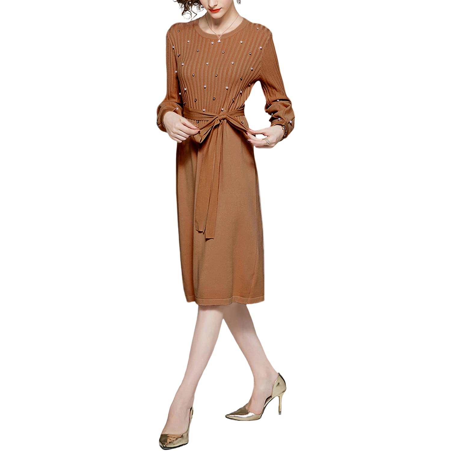 ニット レディース ワンピース 長袖 ロング ワンピース 無地 パール