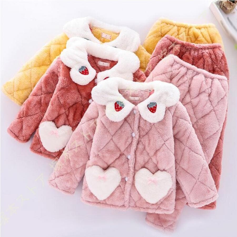秋冬新作 前開き パジャマ キッズ 長袖 ルームウェア 部屋着 寝間着 2点セット 子供服 男の子 女の子 フランネルパジャマ あたたかい 子供パジャマ 上下セット いちご
