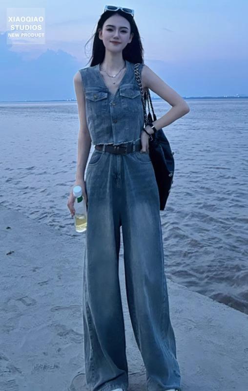 【送料無料】レディース デニム ベスト 夏 薄手 ノースリーブ Vネック シングルブレスト ボタン ポケット 上下セット パンツ 大人 カジュアル シンプル