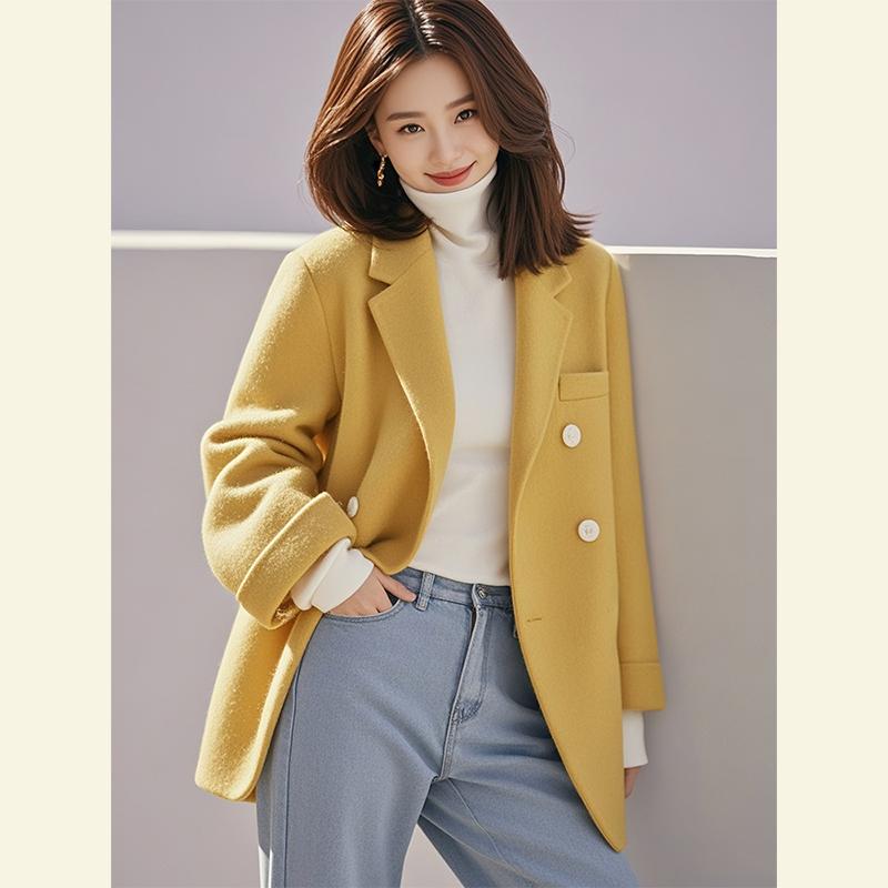 秋冬 コーデ レディース ファッション オシャレ 服 カワイイ シンプル 大人カワイイ 大きいサイズ ハイエンド 通勤ウェア 黄色 ウール スーツ ジャケット