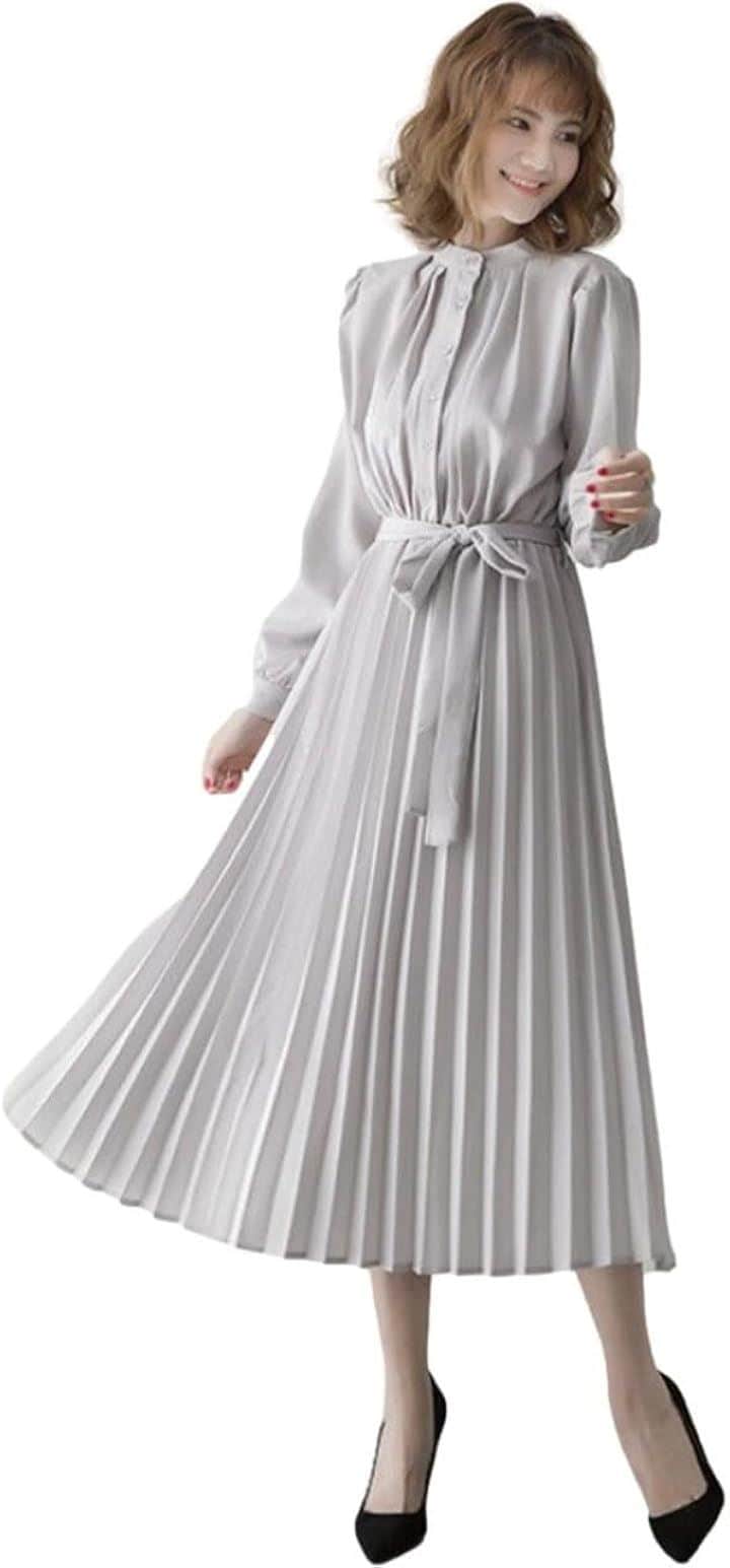 ブルーベリル シフォンワンピース ロング プリーツ レディース 長袖 ハイウエスト ウエストリボン フレア 春 秋 BB054(グレー, 2XL)