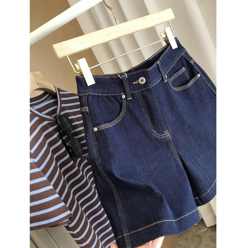 素晴らしい商品ですどのように着ても素敵ですレトロ紺三連トップステッチ～女性用ハイウエストaタイプスリムデニムショーツ
