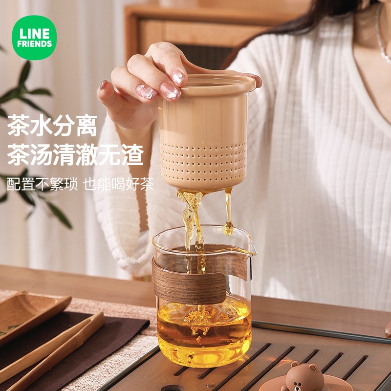 line friends旅行用ティーセット カンフーティーセット ポータブルセラミックティーセット アウトドア ワンポット 3カップティー 水分離ティーポット