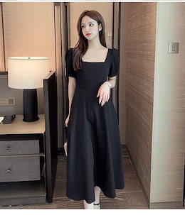 💛店長推薦💛韓国ファッション 2020年夏 新作 ロングセクション ヘップバーン風 リトルブラックワンピース 怠惰な風 ギャザリング ワンビース 大人気 気質 スクエアネック