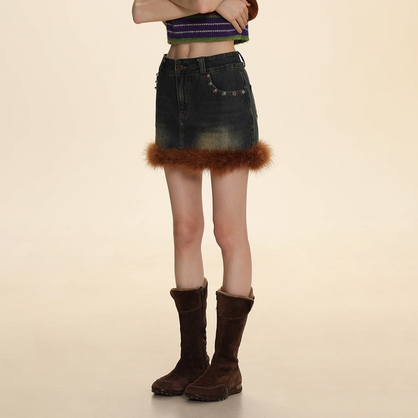 モロモロ新レトロアンティーク加工ダチョウの羽のステッチカラフルなスタッドデニムスカート女性の露出防止スカート