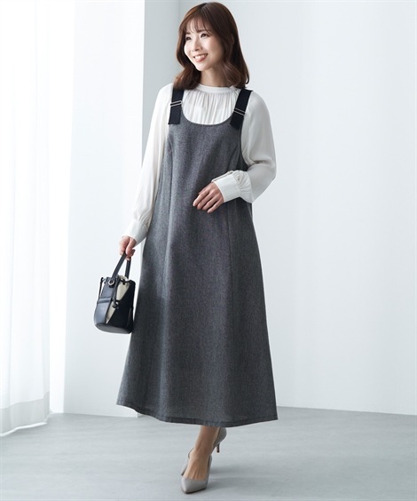 ジャンパースカート シニアファッション 肩ベルトツイードジャンパードレス