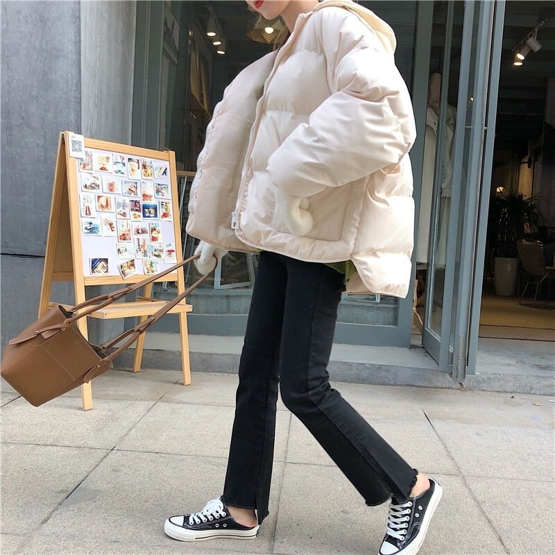 アウター ジャケット レディース 秋冬 かわいい きれいめ 個性的 暖かい 軽い ダウンコート ミディアム丈 ミドル丈 長袖 襟なし BIGシルエット ストレート Iライン フード付き ファスナー ポ
