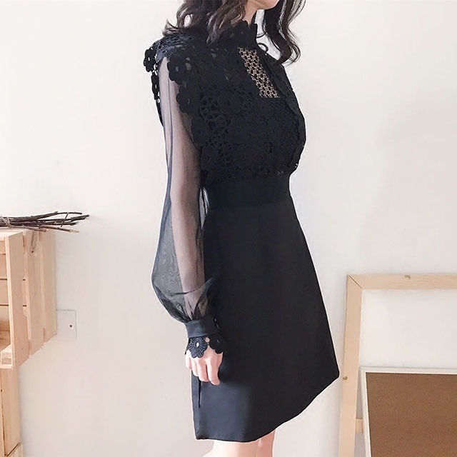 ミニ ワンピース ドレス 結婚式の服 お呼ばれドレス レディース 大きいサイズ 長袖 ハイウエスト レース 黒