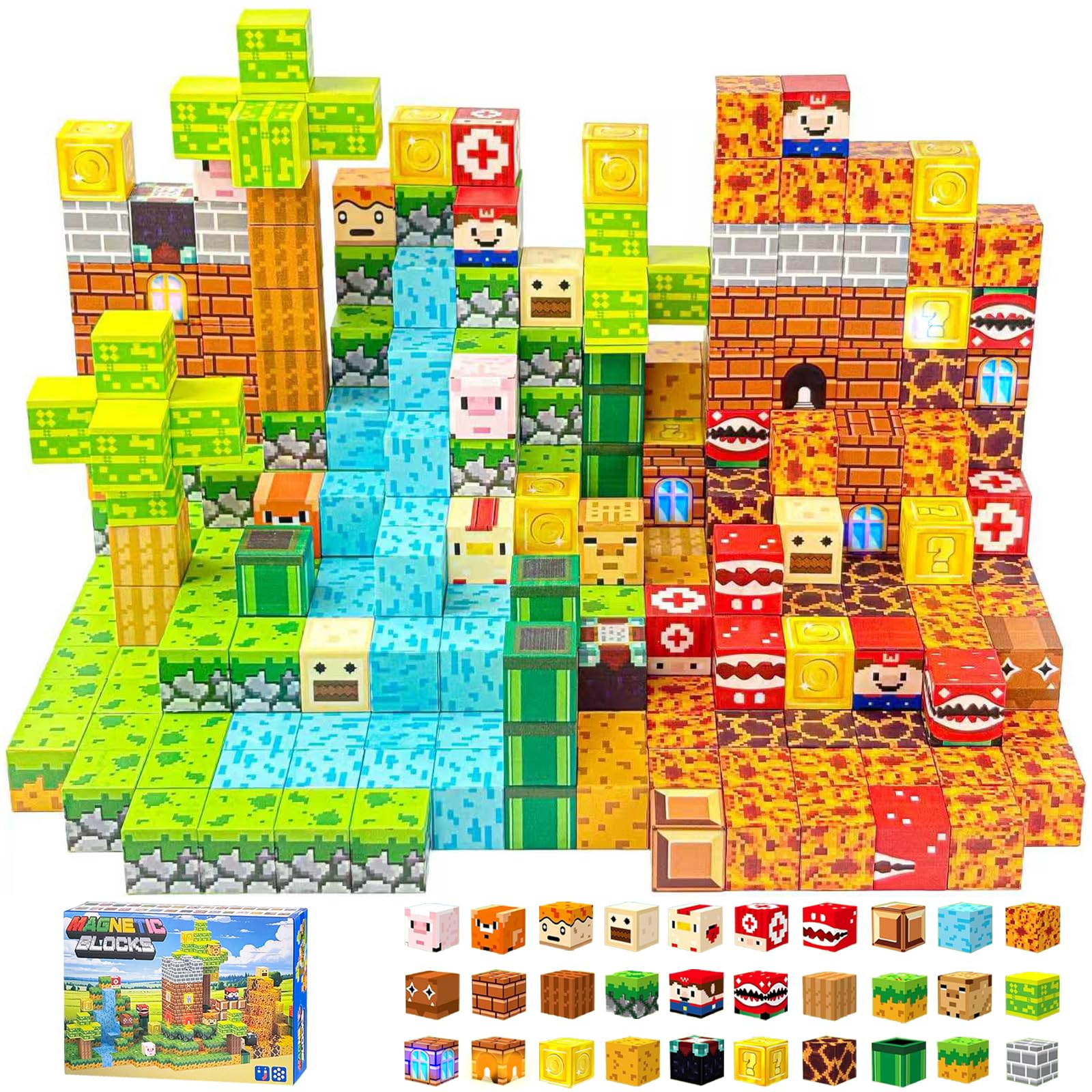 創造力DIY積み木セット 137ピース + 3つの発光パーツ アドベンチャーゲームテーマセット 3Dパズル マグネットブロック 知育玩具 クリスマスギフト 誕生日プレゼント