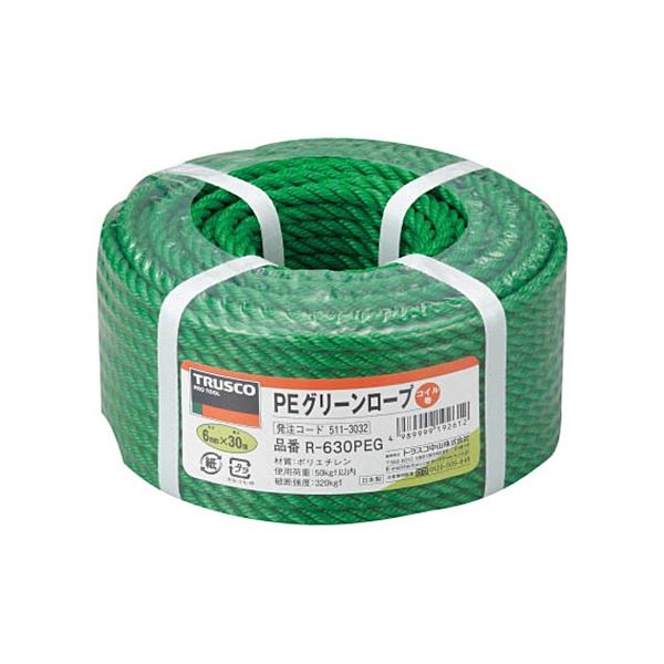 （まとめ）PEグリーンロープ 6mmx30m コイル巻 R-630PEG 1巻 [x5セット]