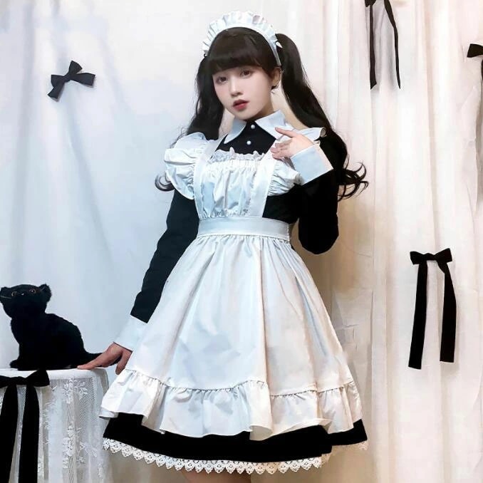 メイドコスチューム メイドコスプレ 可愛いメイド服 ショート丈ワンピース 長袖メイド服 ハロウィン衣装 大人コスチューム エプロン ウェイトレスコスプレ 萌え 舞台衣装 イベント 学園祭 キャラクター