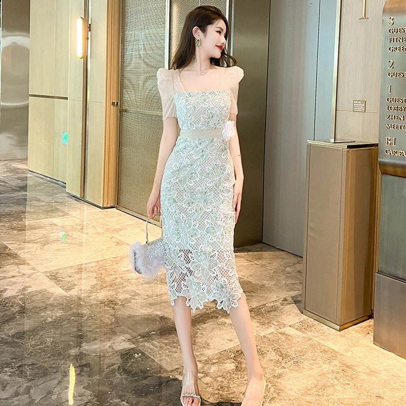 【JY.上品】 レース チュール ワンピース スクエア襟 夏 ドレス パーティー キャバ 着痩せ 大人 お呼ばれ 同窓会 披露宴 卒業式 結婚式 ウェディング 二次会 成人式