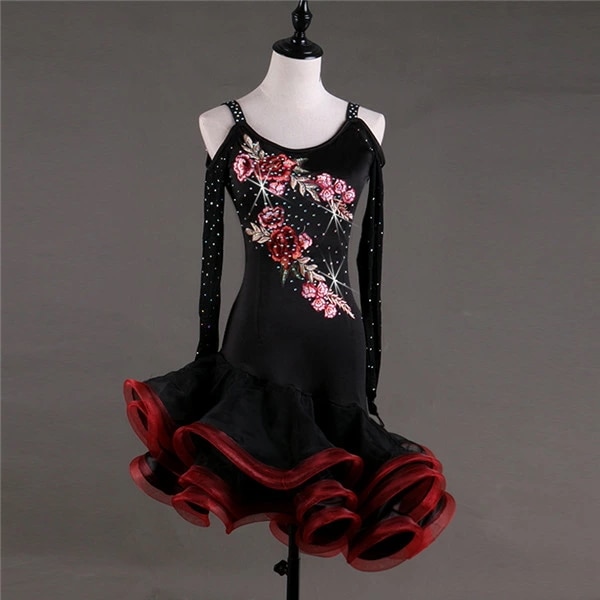 お手頃価格社交ダンス ラテン衣装 チャチャチャ ルンバ サンバ ラテンドレス スートン飾り 長袖 ワンピース ダンス衣装 競技ダンス 練習服 ラテンダンス ラテン ドレス ラテンドレス 競技着 演出用