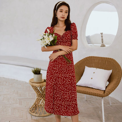 花柄ワンピース ワンピース フレアワンピース ワンピドレス 膝丈 ひざ丈 ミモレ ミモレ丈 袖あり 半袖 パフスリーブ Vネック フレア ハイウエスト ポリエステル かわいい 大人可愛い きれいめ