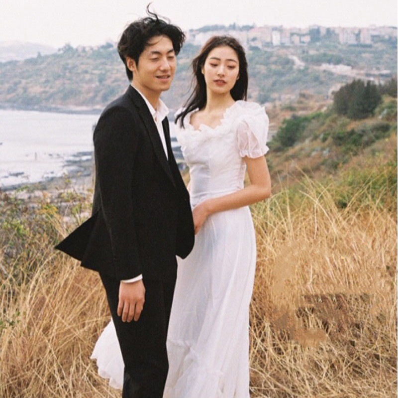 ウェデイングドレス 結婚式 二次会 マキシ丈 袖あり 旅行 前撮り リゾートウェディング ウエディングフォト ホワイト 半袖 SNS 韓国風 優しい