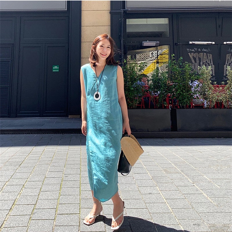 ワンピース レディース 女性用 ロングベストスカート リネンワンピース ランプドレス ラウンドネック
