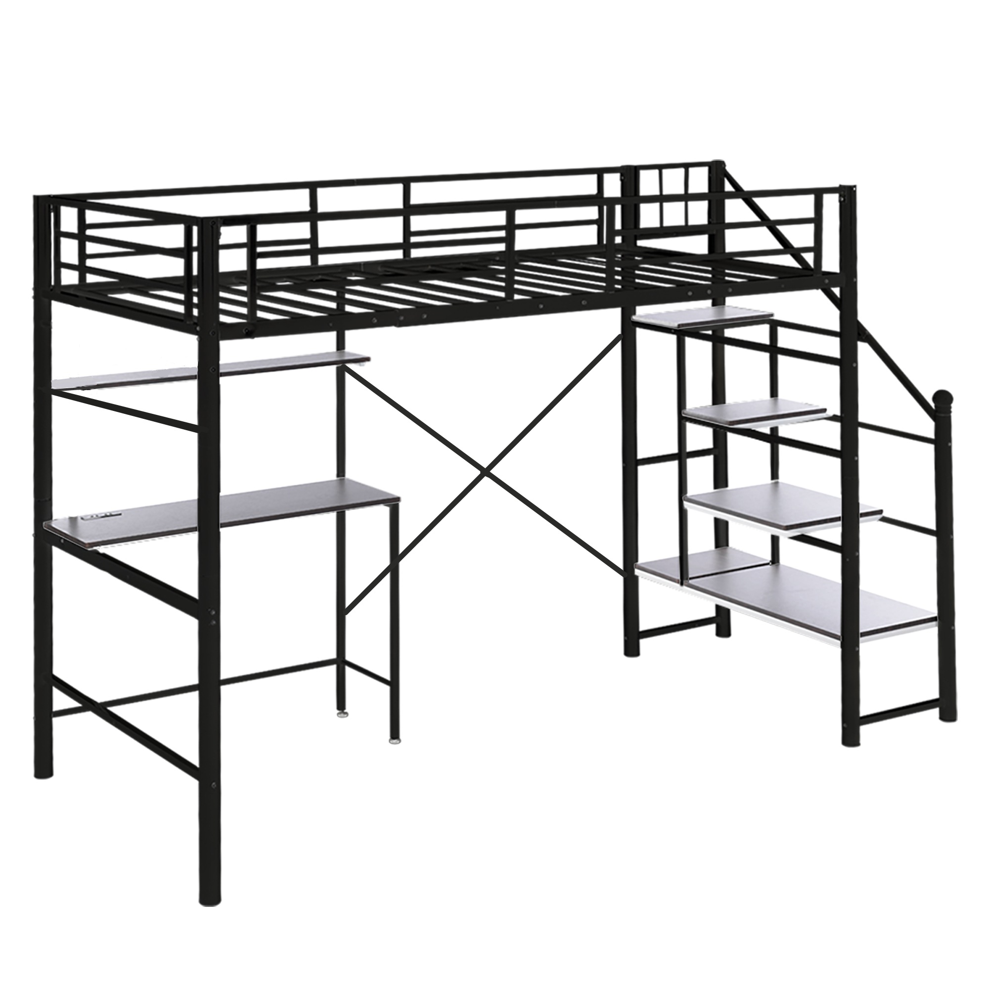 【2点購入で150OFF】【国内即発送】ロフトベッド シングル 階段付き パイプベッド デスク付き 北欧風 コンセント付き 収納 子供ベッド 耐震 ベッド パイプ 金属 昇降らくらく 高さ170cm