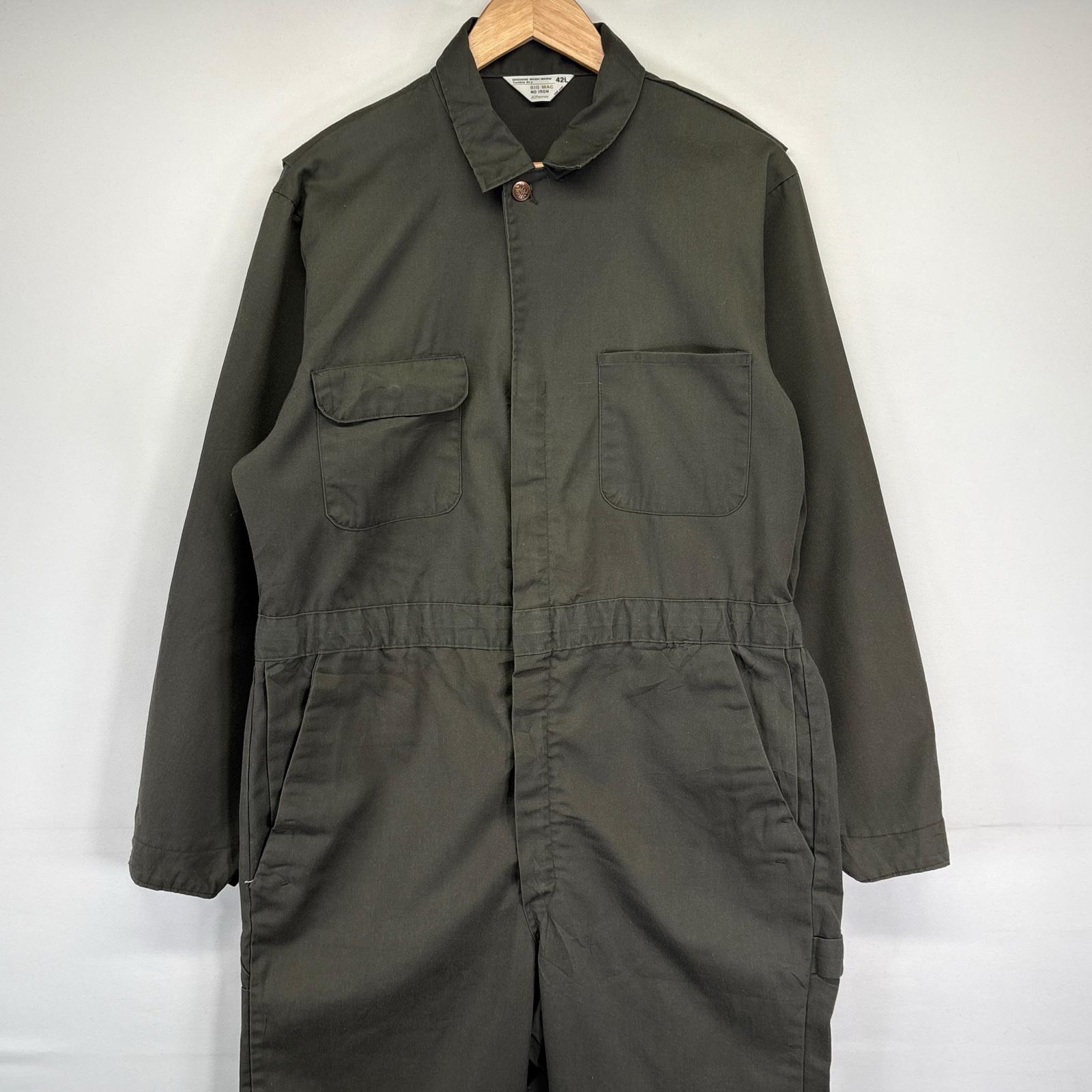 古着 70s/70年代 ヴィンテージ ビッグマック BIG MAC 長袖つなぎ オールインワン ワーク 作業着 胸ポケット 無地 42L カーキ系 メンズ