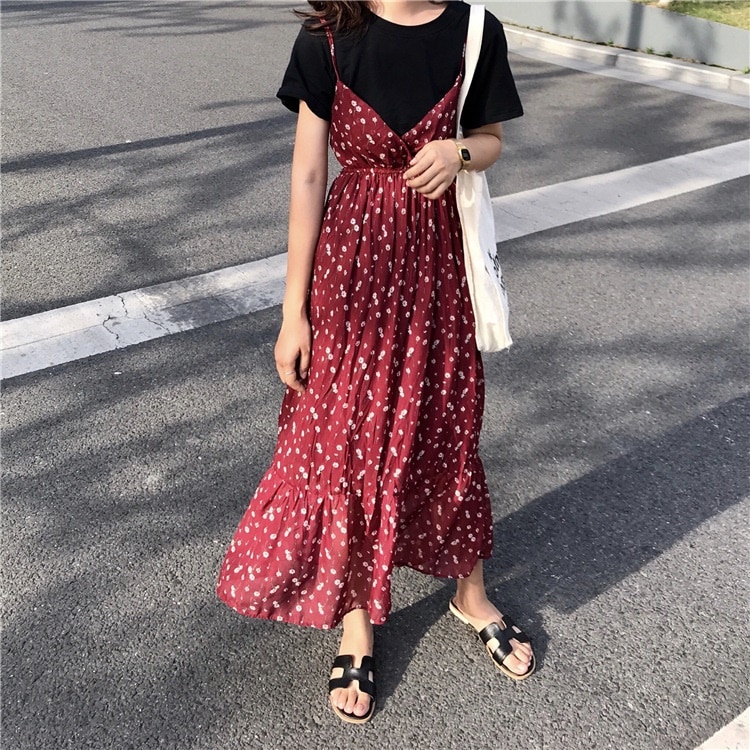 1675.花柄シフォンキャミソールワンピース（レッド）2019 春夏 sale カジュアル 通学 デート 女子会 カフェ ランチ 普段使い