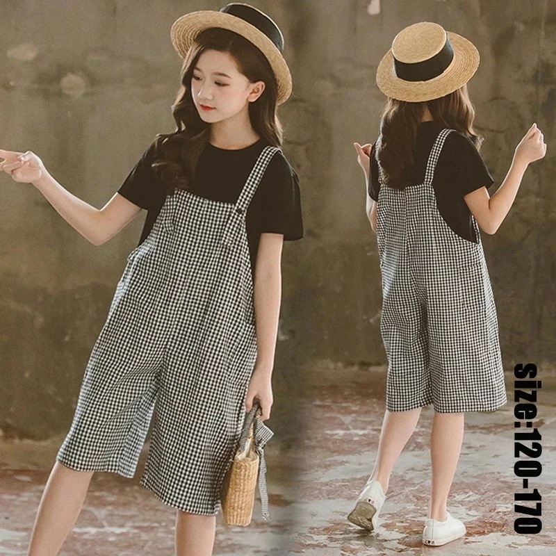 【即納】韓国子供服 セットアップ 親子 お揃い ２点セット 黒tシャツ オーバーオール チェック柄 ワイドパンツ ガウチョパンツ 五分丈パンツ 夏 半袖 ゆったり カジュアル リゾート 女の子 キッズ