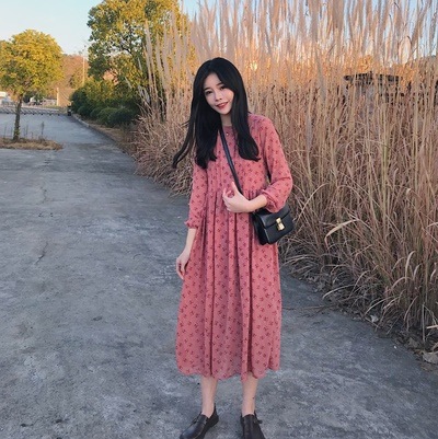 1302．花柄ロングワンピース（ピンク）　大人 かわいい カジュアル 女子会 ロング丈