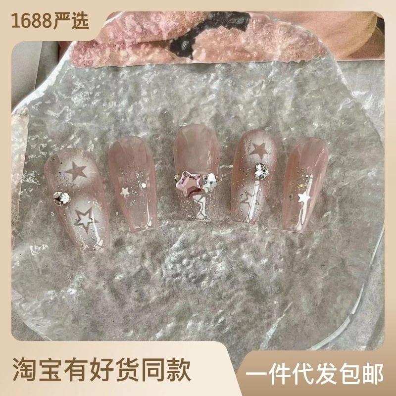 東海ウェアラブルマニキュアショートスタイル和風発的甘いクールウェアラブルマニキュアy2k中空ピンクスターブライトダイヤモンドヌードカラー