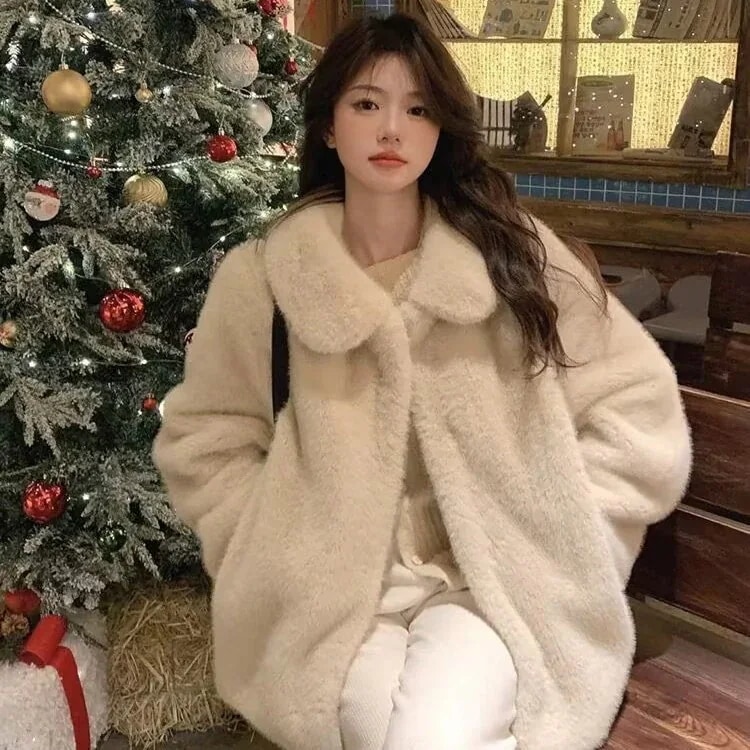 厚手 韓国ファッション 24厚手セミロング毛糸の毛皮のコート女性ミンクの毛を模したゆったりとしたエココートコート 人気アウター