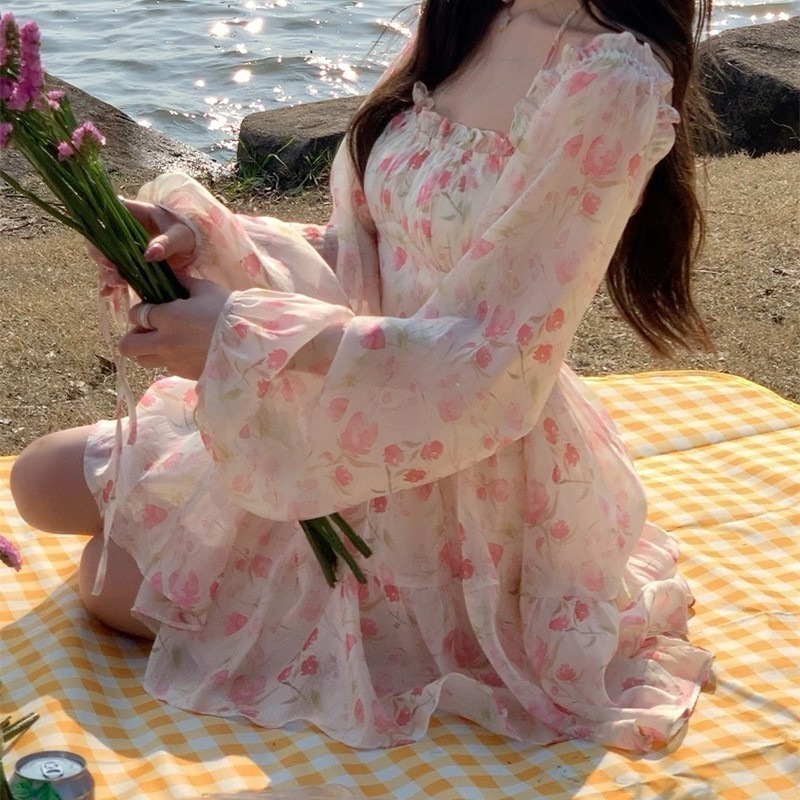 ワンショルダー花柄シフォンドレスレディース春スクエアネックパフスリーブフェアリースカートショートスカート海辺休暇スカート 4,615円