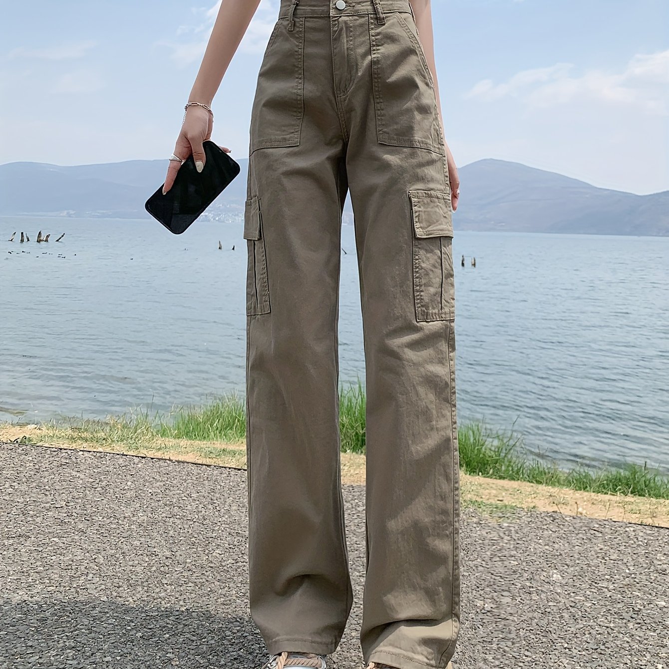 レディース ハイウエスト カーゴ ジーンズストレッチマルチポケットフロアレングス パンツ無地 カジュアル プレッピー スタイルオールシーズン着用 - 秋冬に最適
