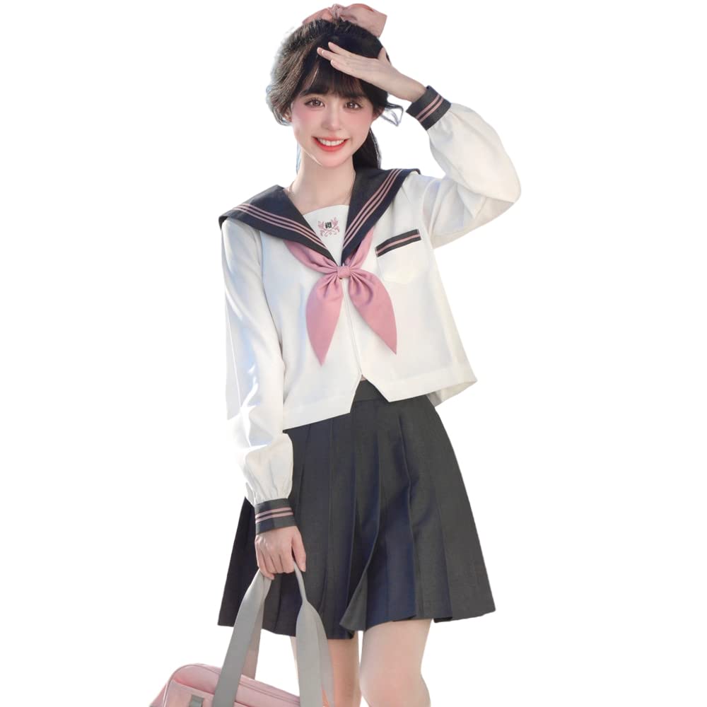 制服 コスプレ ハロウィン セーラー服 長袖 スカート 蝶結ぶ リボン グレー ピンク 上下セット 女子制服 本格制服 三本 無地 JK 高校生 文化祭 学园歳 入学式 卒業式 清 34048